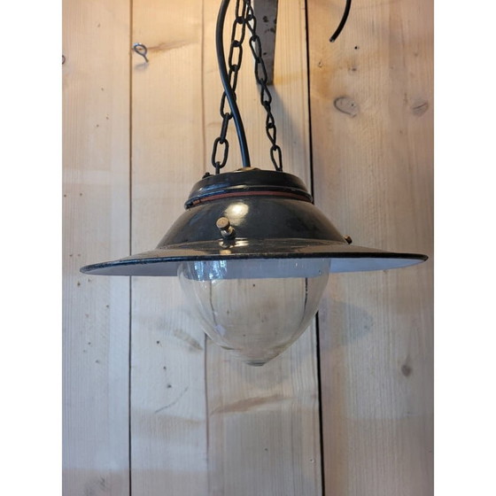 Image 1 of Vintage industrial pendant lamp in enamelled sheet metal and glass globe