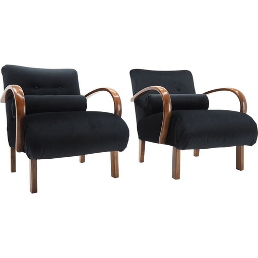 Pair of vintage wood and fabric armchairs by Jindřich Halabala, Czechoslovakia 1940