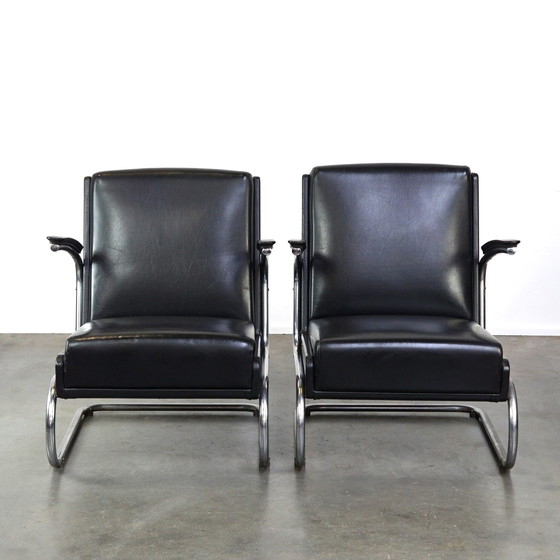 Image 1 of 2 X Vintage Beef Leather Bauhaus Design Armchair