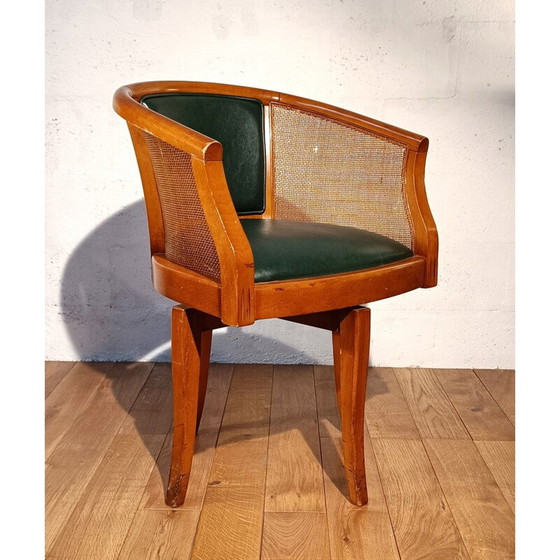 Image 1 of Mahogany and green leather vintage swivel office chair