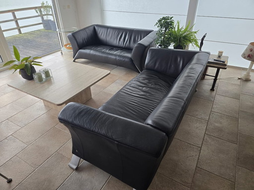 Set Of 2 Rolf Benz 322 Sofas, Black Leather.