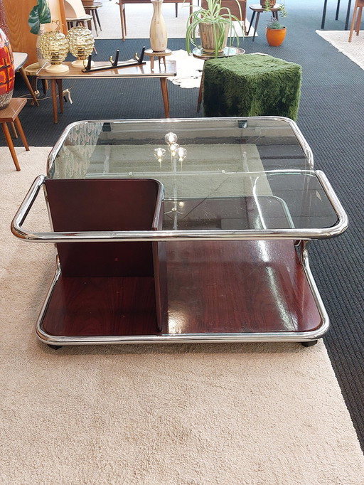 Table basse vintage space age verre fumé chrome 70s Italie