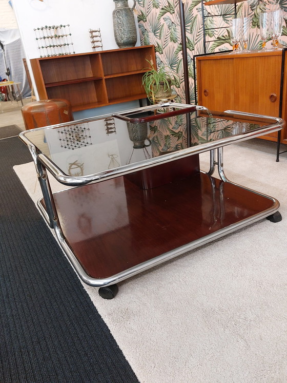 Image 1 of Table basse vintage space age verre fumé chrome 70s Italie