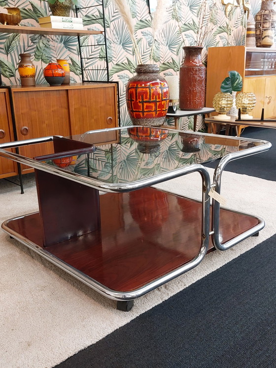 Image 1 of Table basse vintage space age verre fumé chrome 70s Italie