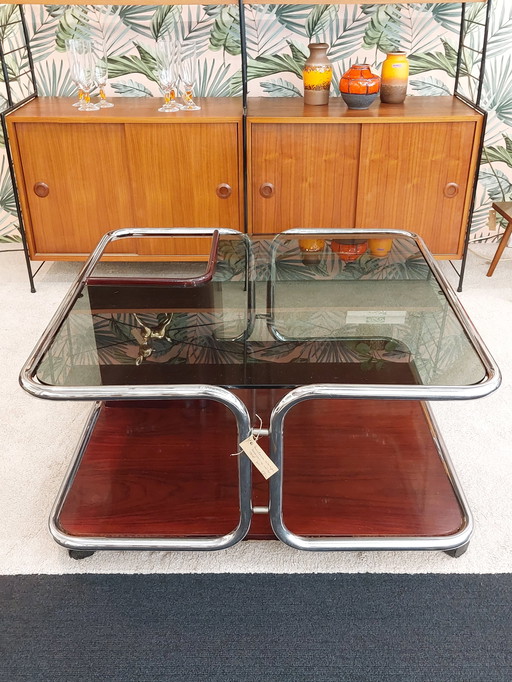 Table basse vintage space age verre fumé chrome 70s Italie