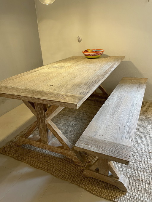 Monastery table with bench Unique made of recycled elm wood