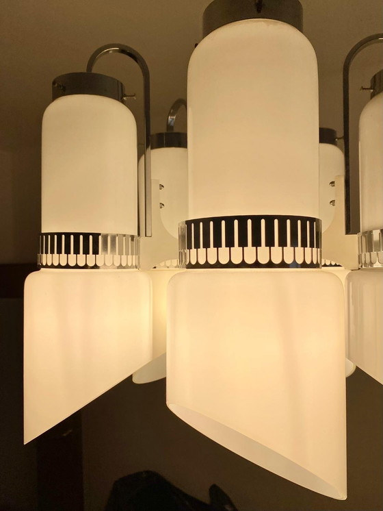 Image 1 of 1X Modernist Murano And Steel Chandelier In Space Age Style