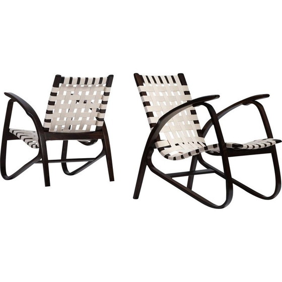 Image 1 of Coppia di poltrone vintage in legno di faggio e cinghie di tela di J. Vanek per Up Zavody, Cecoslovacchia 1930