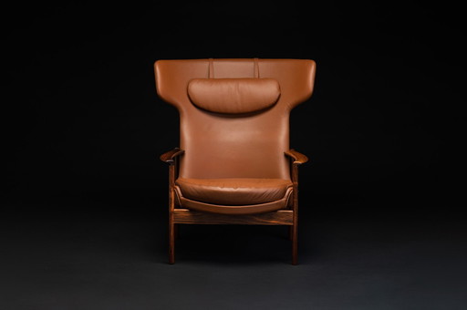 Cognac Leather & Rosewood Wingback Lounge Chair By Ib Kofod Larsen For Fröscher, 1970S