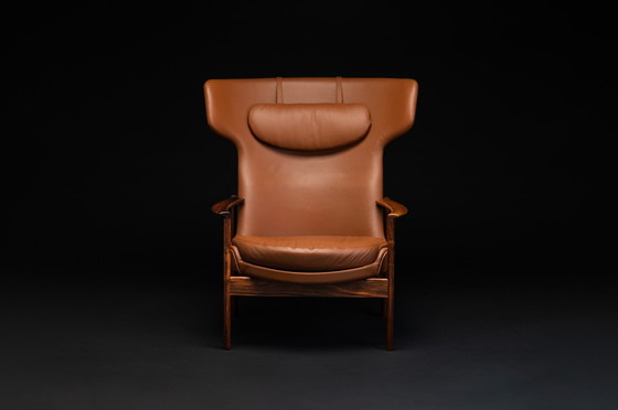 Image 1 of Cognac Leather & Rosewood Wingback Lounge Chair By Ib Kofod Larsen For Fröscher, 1970S