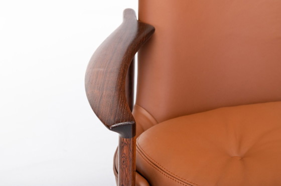 Image 1 of Cognac Leather & Rosewood Wingback Lounge Chair By Ib Kofod Larsen For Fröscher, 1970S