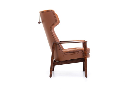 Image 1 of Cognac Leather & Rosewood Wingback Lounge Chair By Ib Kofod Larsen For Fröscher, 1970S