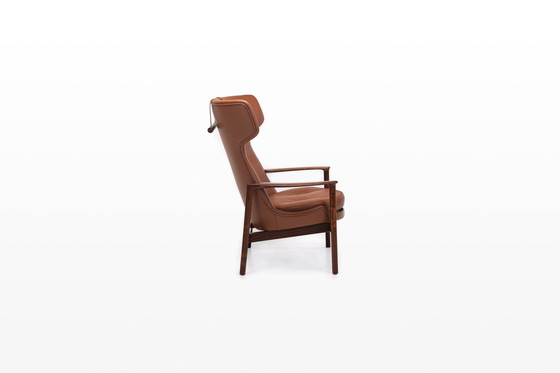 Image 1 of Cognac Leather & Rosewood Wingback Lounge Chair By Ib Kofod Larsen For Fröscher, 1970S