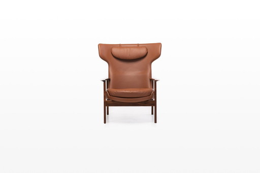 Cognac Leather & Rosewood Wingback Lounge Chair By Ib Kofod Larsen For Fröscher, 1970S