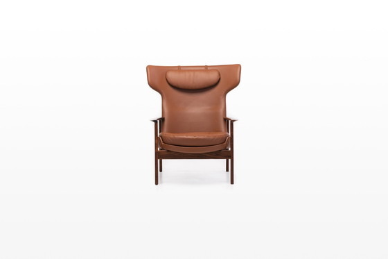 Image 1 of Cognac Leather & Rosewood Wingback Lounge Chair By Ib Kofod Larsen For Fröscher, 1970S