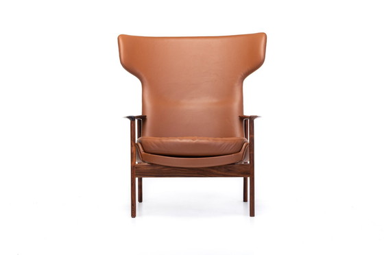 Image 1 of Cognac Leather & Rosewood Wingback Lounge Chair By Ib Kofod Larsen For Fröscher, 1970S