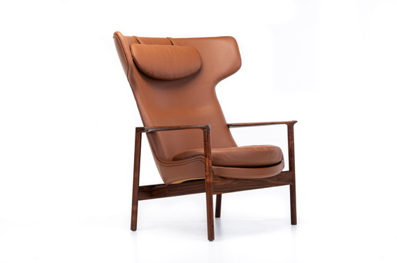 Image 1 of Cognac Leather & Rosewood Wingback Lounge Chair By Ib Kofod Larsen For Fröscher, 1970S