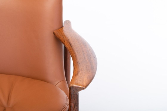 Image 1 of Cognac Leather & Rosewood Wingback Lounge Chair By Ib Kofod Larsen For Fröscher, 1970S