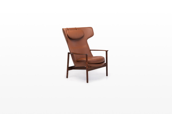 Image 1 of Cognac Leather & Rosewood Wingback Lounge Chair By Ib Kofod Larsen For Fröscher, 1970S