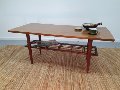 Mid - Century Coffee Table. Table With Woven Rattan.