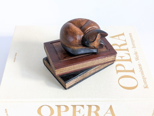 Sleeping Cat On Books | Teak Wood Decor | Midcentury