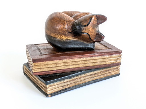 Sleeping Cat On Books | Teak Wood Decor | Midcentury