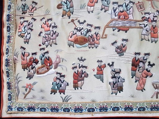 Mid-Century Chinese Handmade Embroidered Silk Tapestry