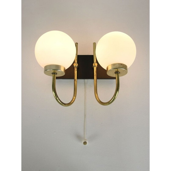 Image 1 of Pair of vintage brass and opaline sconces