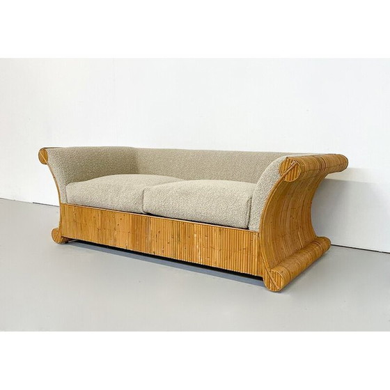 Image 1 of Vintage beige rattan and bouclé sofa, Italy 1960