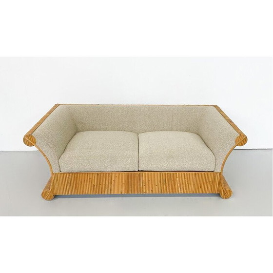 Image 1 of Vintage beige rattan and bouclé sofa, Italy 1960