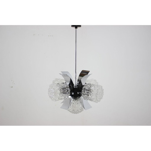 Vintage steel and glass chandelier, Czechoslovakia