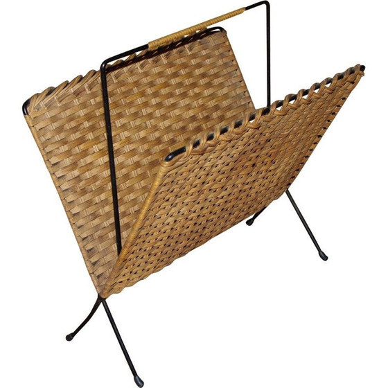 Image 1 of Vintage wrought iron and woven wicker magazine rack, 1960