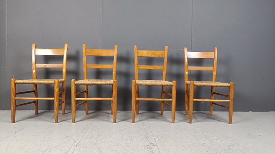 Image 1 of Mid Century Oak And Wicker Dining Chairs, Set Of 4 - 1970S