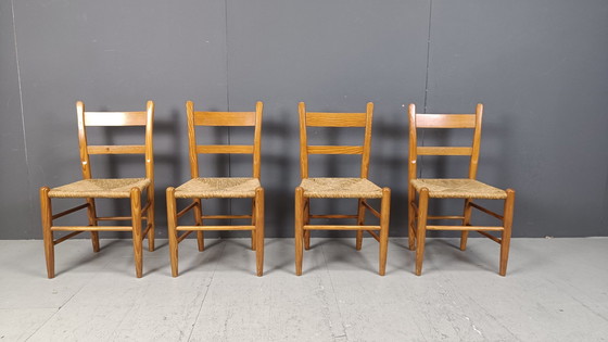 Image 1 of Mid Century Oak And Wicker Dining Chairs, Set Of 4 - 1970S