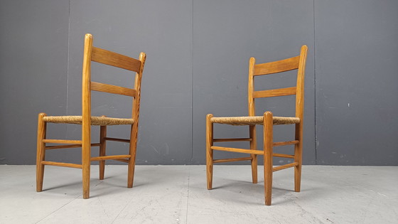 Image 1 of Mid Century Oak And Wicker Dining Chairs, Set Of 4 - 1970S