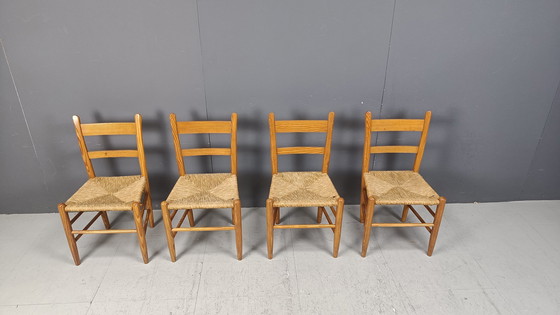 Image 1 of Mid Century Oak And Wicker Dining Chairs, Set Of 4 - 1970S