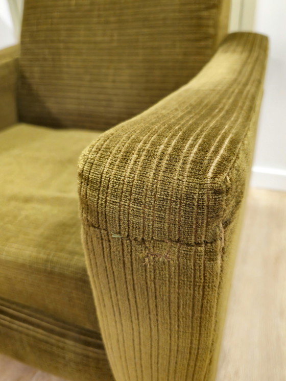 Image 1 of Vintage Armchair Chair Ribbed Fabric Green Brass