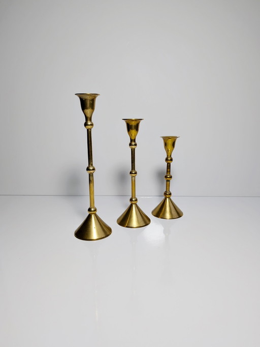 3 X Set Vintage Brass Candlesticks Mid - Century Candlesticks Candlestick Metal Gold Classic 70s 60s 50s