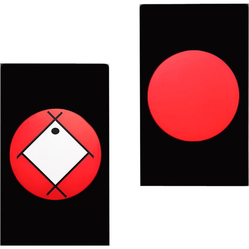 Pair of vintage Led illuminated signs painted in black, white and red, Italy 2000