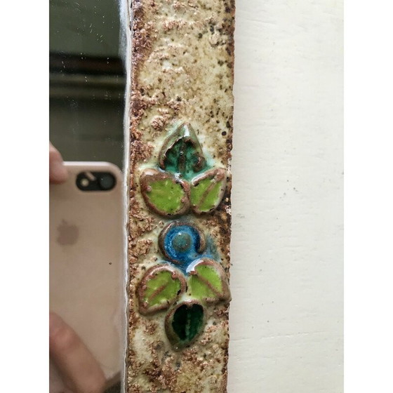 Image 1 of Vintage enameled ceramic mirror with flower decoration for La Roue Vallauris