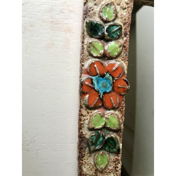 Image 1 of Vintage enameled ceramic mirror with flower decoration for La Roue Vallauris