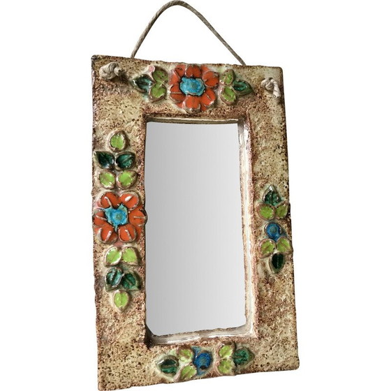 Image 1 of Vintage enameled ceramic mirror with flower decoration for La Roue Vallauris