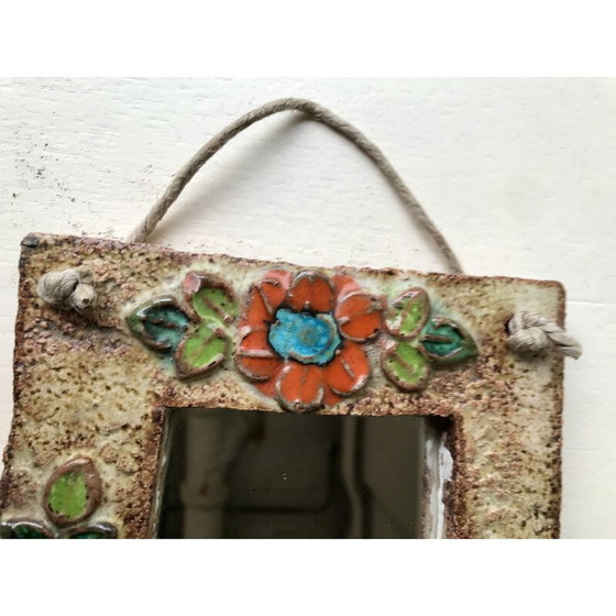 Image 1 of Vintage enameled ceramic mirror with flower decoration for La Roue Vallauris