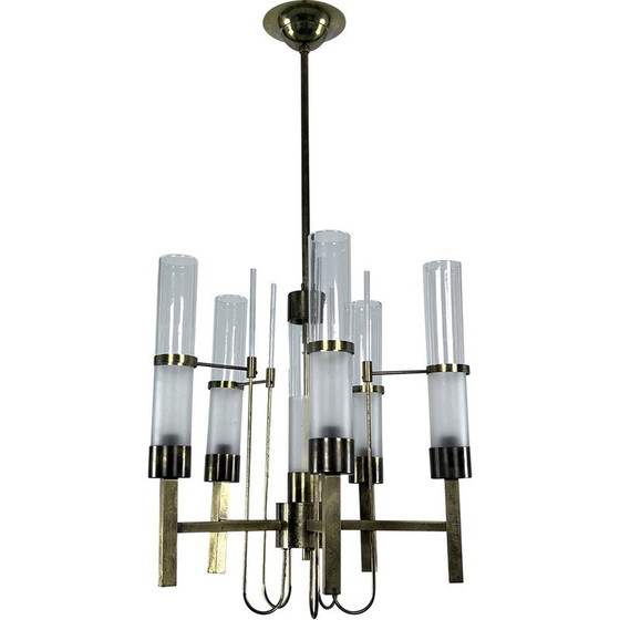 Image 1 of Vintage brass and glass chandelier for Sciolari, Italy 1960