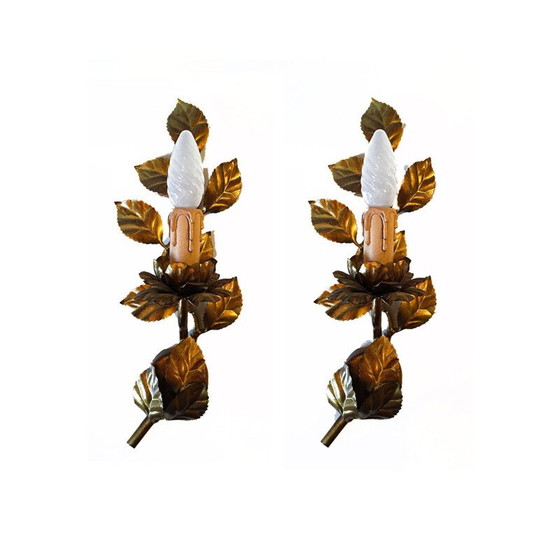 Image 1 of Pair of vintage gold floral wall lamps, 1970