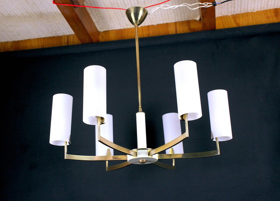 Image 1 of Brass and white chandelier by Mid - Century Six Opalines, Italy