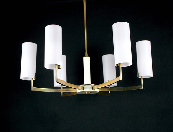 Image 1 of Brass and white chandelier by Mid - Century Six Opalines, Italy