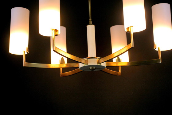 Image 1 of Brass and white chandelier by Mid - Century Six Opalines, Italy