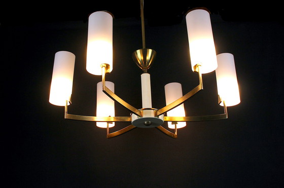 Image 1 of Brass and white chandelier by Mid - Century Six Opalines, Italy