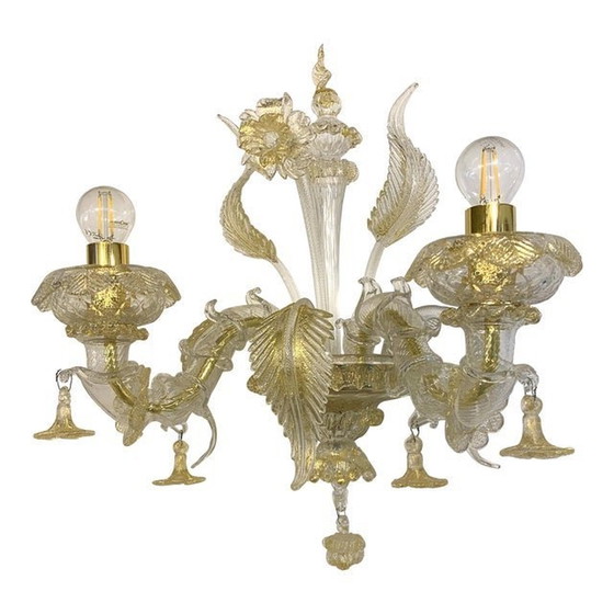 Image 1 of Contemporary Floral Transparent-Gold "Ca' Rezzonico" Murano Glass Wall Sconce